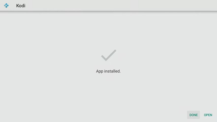 "App installed" message with the option to open Kodi