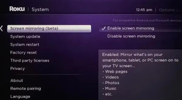 Roku screen mirroring